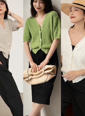 大象和长颈鹿 立体颗粒肌理感棉质泡泡纱V领宽松短袖针织衫304120