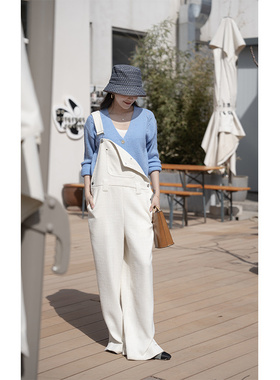 大象和长颈鹿 大小姐风 精致细节宽松直筒白色小香风背带裤303308