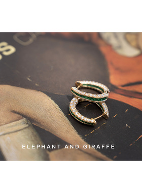 大象和长颈鹿 光彩之美 金色绿色锆石镶嵌两戴银镀金耳环 ACC396