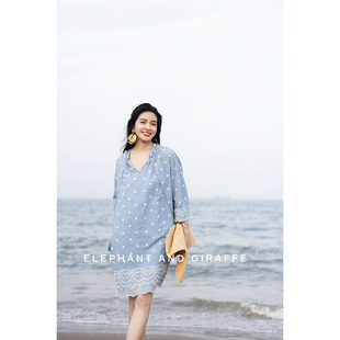 大象和长颈鹿 蓝色面纱 清新雅 夏日浪漫棉质刺绣连衣裙507103