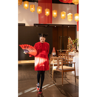 大象和长颈鹿 新中式特别设计 花团锦簇喜庆红旗袍裙亲子款401214