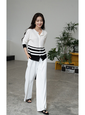 大象和长颈鹿 夏日百搭基础款 不透松紧腰白色阔腿裤 306203