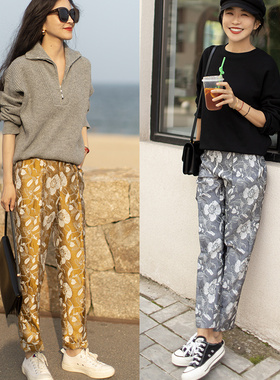 大象和长颈鹿 时髦人B备 3D压花金银色花朵图案显瘦小脚裤 209102