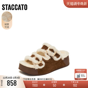 EF606DT5 保暖一字拖厚底加绒外穿拖鞋 思加图2025新款 复古毛毛鞋