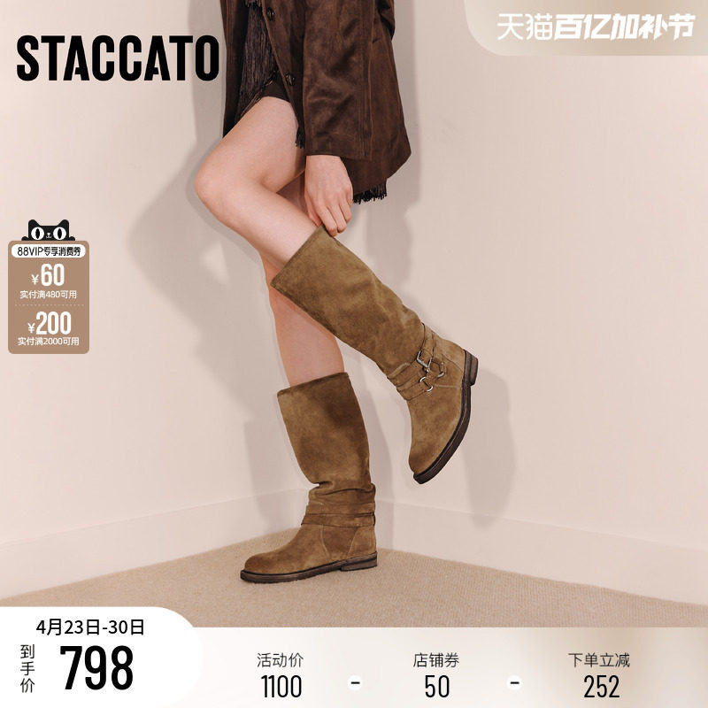 思加图冬季新款复古西部靴长靴高筒靴时装靴粗跟女靴靴子Y5912DG5