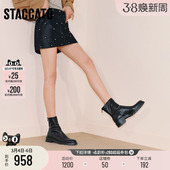 思加图新款 靴粗跟增高通勤女靴子Z1604DZ5 复古棕色中靴瘦瘦靴时装