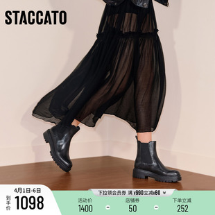 思加图新款 靴女靴靴子EIU05DZ5 英伦风棕色切尔西靴烟筒靴加绒时装