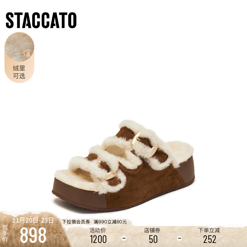 思加图复古毛毛鞋保暖一字拖女鞋