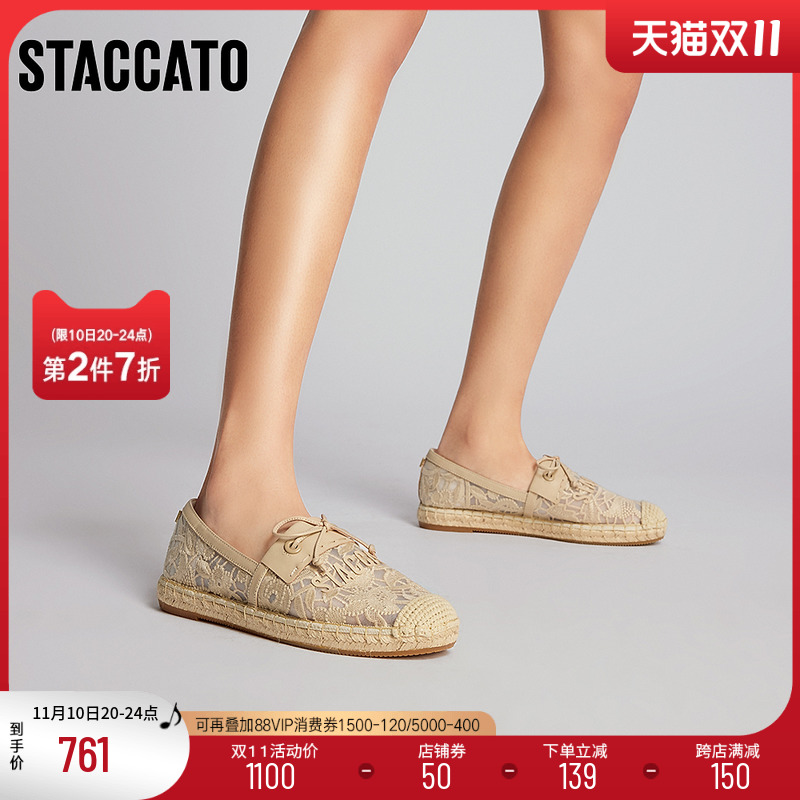 思加图2023新款蕾丝鞋复古休闲一脚蹬渔夫鞋平底懒人鞋女9UA16AA3