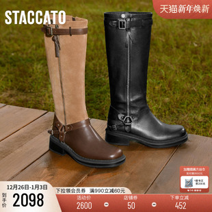 思加图2025新款 靴粗跟女靴EIH04DG5 东十街棕色复古骑士靴长靴时装