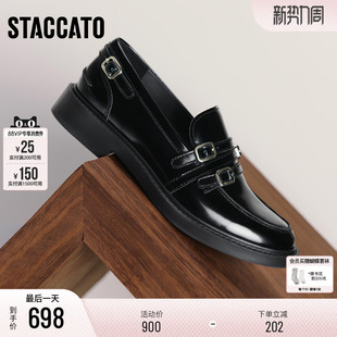 女鞋 一脚蹬黑色小皮鞋 子EFI07CA5 黑胶夜曲英伦风乐福鞋 思加图新款