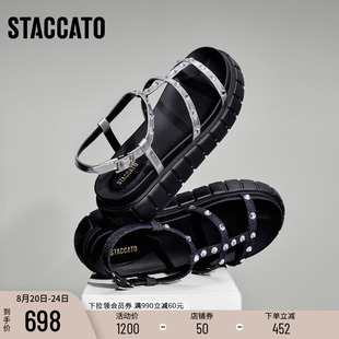 思加图新款 女EJO22BL4 罗马繁星凉鞋 银色厚底增高沙滩凉鞋