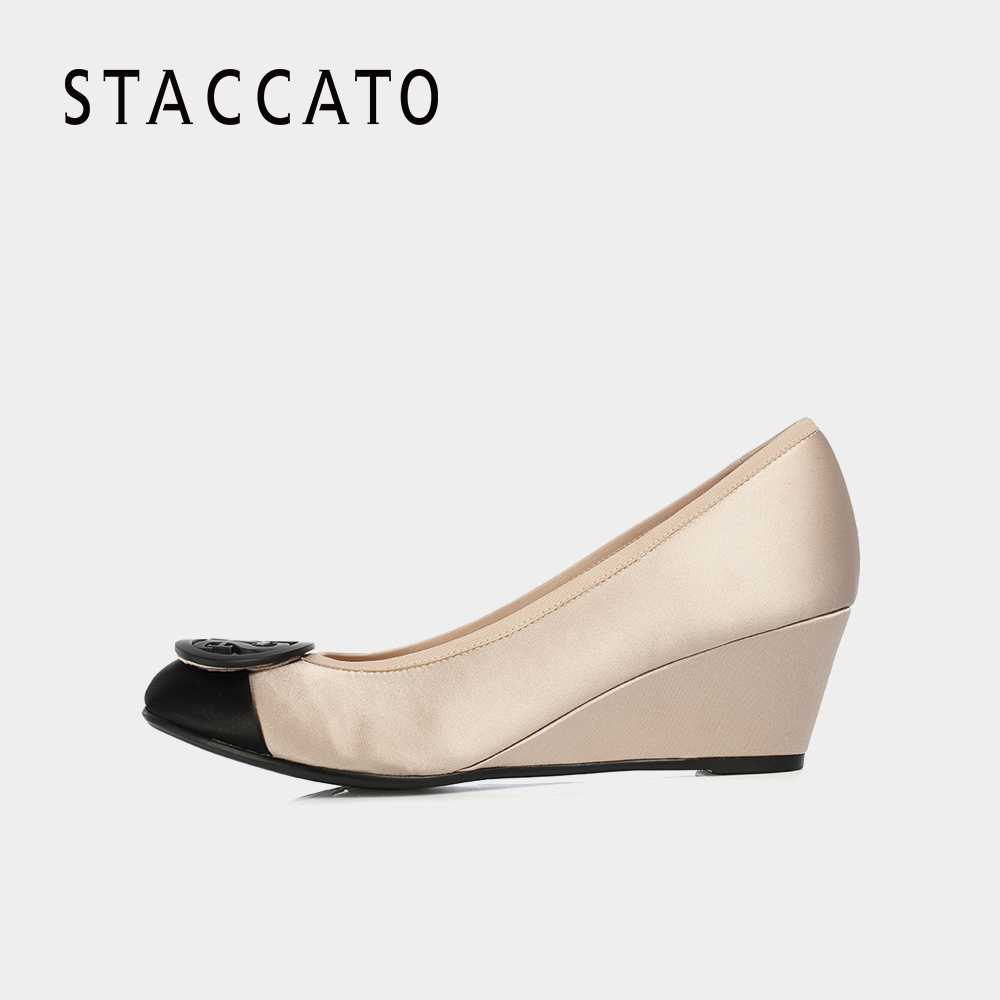 STACCATO/思加圖2018春真絲布淺口坡跟女單鞋優雅女鞋ER963AQ8