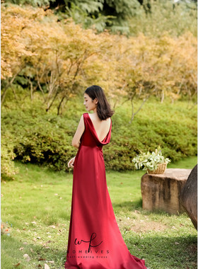 Nomeives原创【唐顿小姐】酒红色绸缎敬酒服结婚宴会礼服旅拍轻纱