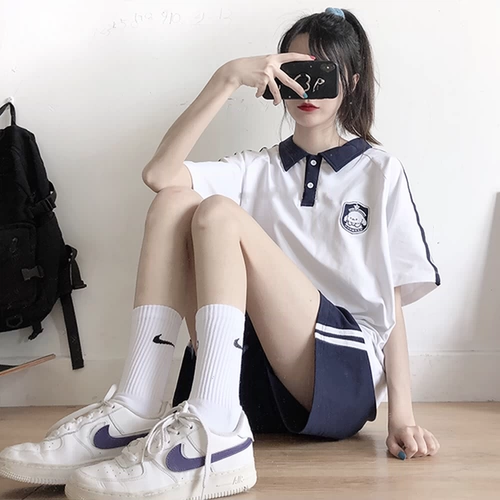 Спортивный костюм, хлопковая японская школьная юбка, шорты для школьников, комплект, для бега, короткий рукав