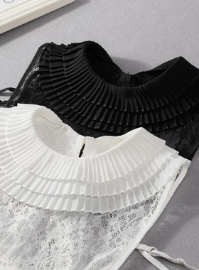韩版镂空蕾丝假领子女百褶雪纺假衣领大翻领毛衣装饰领白色衬衫领