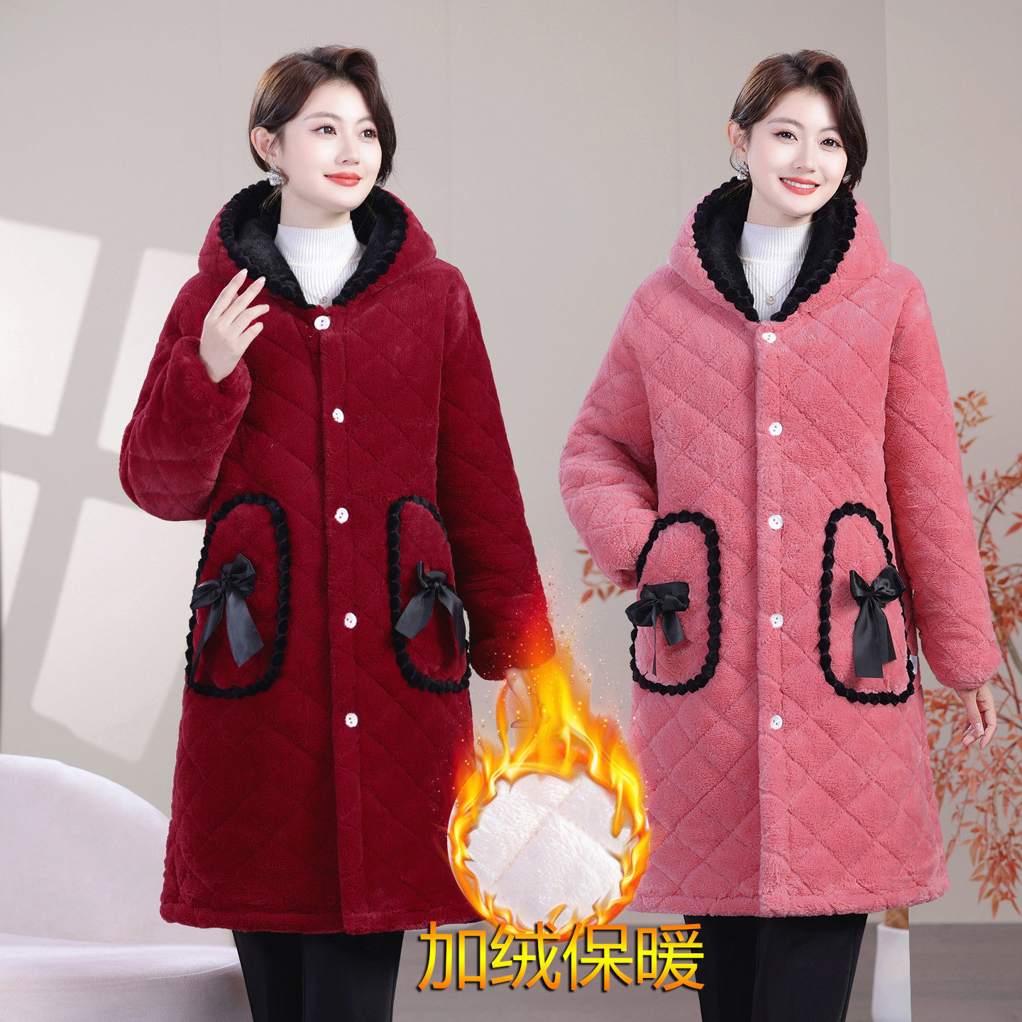 女士新款棉服罩衣中长款加绒加厚棉袄外套时尚保暖家居服棉衣外穿