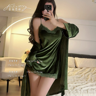 性感睡衣女款秋冬季2024年新款纯欲金丝绒吊带睡裙睡袍套装两件套