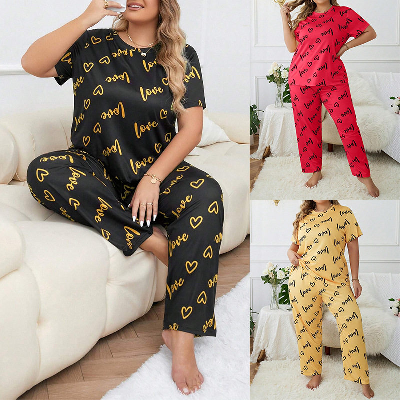 欧美风家居服加大加肥英文字母爱心圆领大码短袖长裤女式睡衣套装