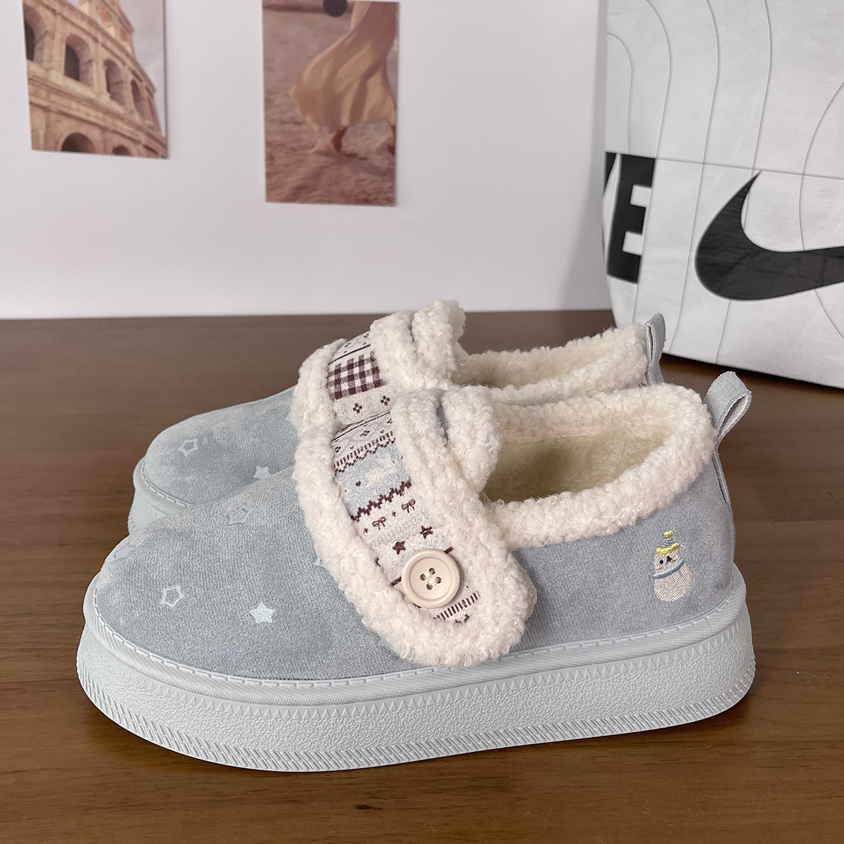 奶奶的蓝~冬季加绒保暖加厚棉鞋毛毛鞋星星鞋休闲厚底增高运动鞋