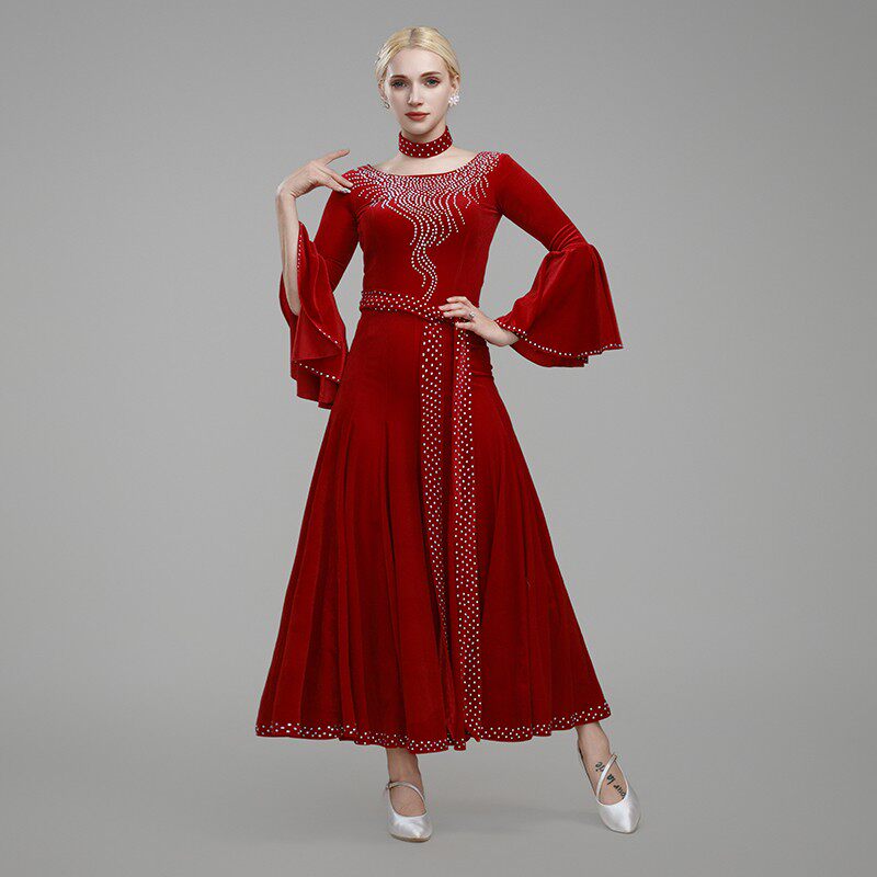 新款金丝绒摩登舞比赛裙 国标舞交谊舞大摆连衣裙广场舞裙套装