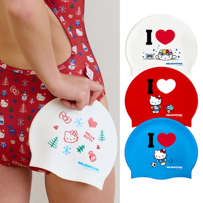 韩国代购delightpool时尚印花泳帽炫彩KT猫时尚防水硅胶游泳帽