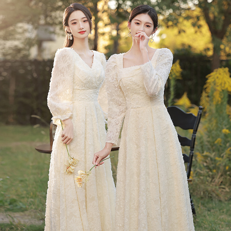 香槟色大码胖mm长袖伴娘服显瘦2025秋冬款结婚姐妹服伴娘团礼服裙