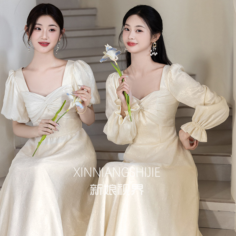 香槟色伴娘服大码胖mm2025秋季新款长袖高级感姐妹服伴娘团礼服裙