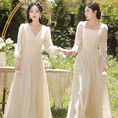 香槟色伴娘服2023新款冬长袖礼服