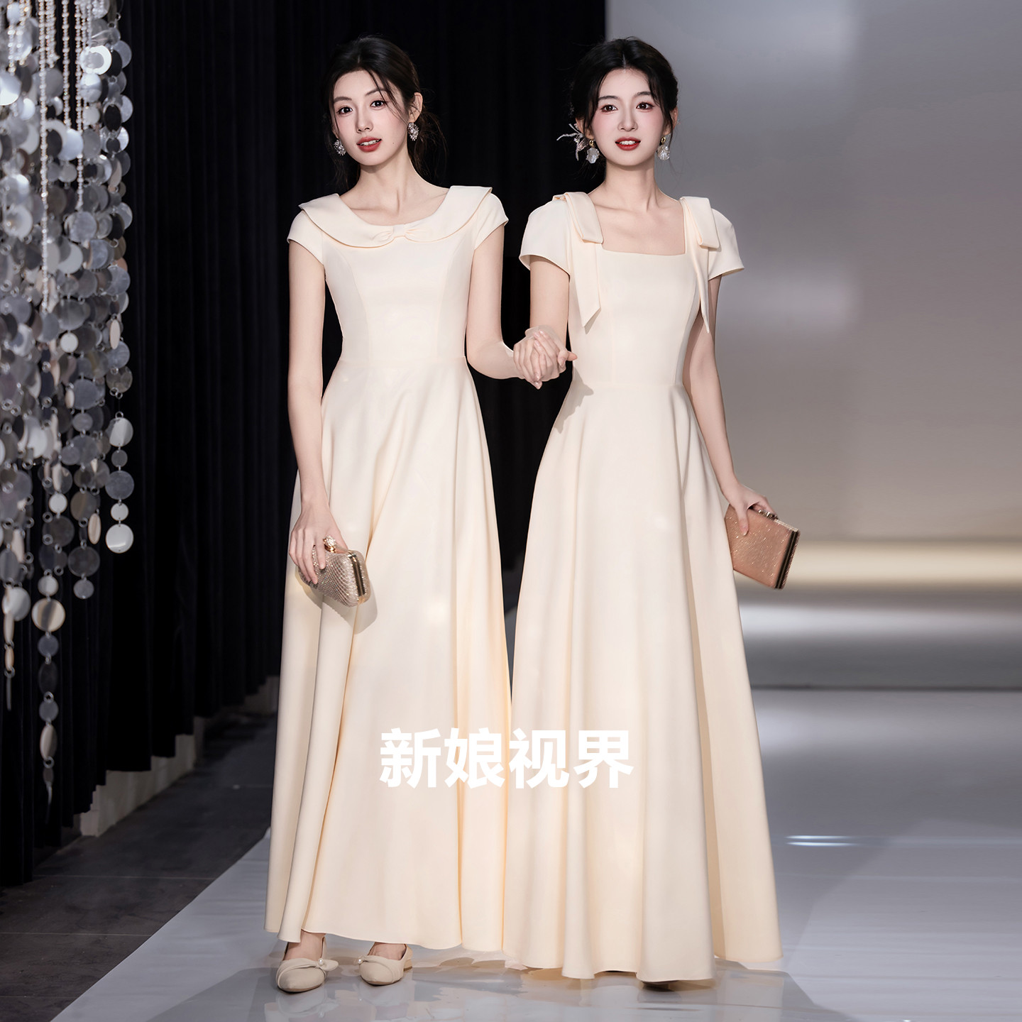 伴娘服大码香槟色简约大气礼服裙图片