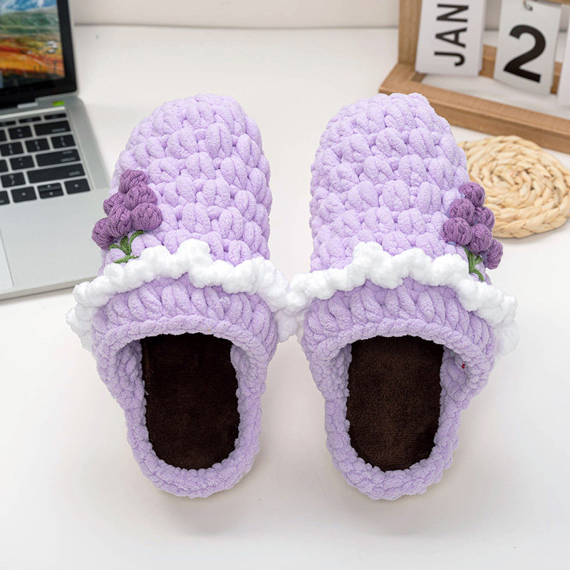 diy毛线拖鞋送女友妈妈手工礼物防滑冬季女拖鞋钩针花朵拖鞋成品