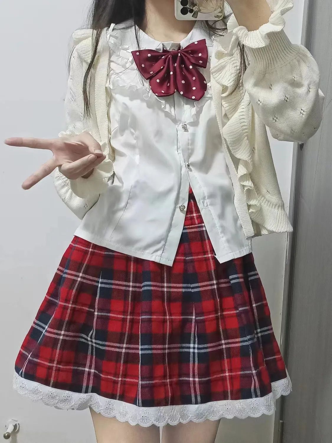 六花cos服日系学院风女童花色格子裙百褶花边短裙学生春夏半身裙