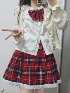 六花cos服日系学院风女童花色格子裙百褶花边短裙学生春夏半身裙