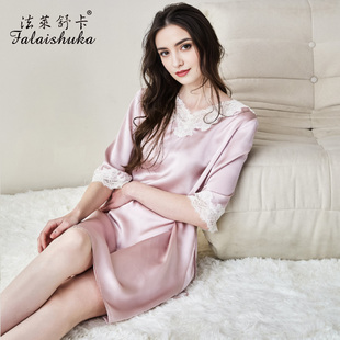 家居服中夏 法莱舒卡真丝睡裙100%桑蚕丝稠睡衣女宽松纯色花边法式