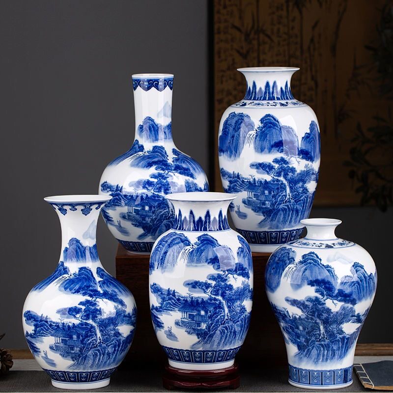 景德镇陶瓷器青花瓷花瓶摆件山水薄胎瓷瓶子中式客厅插花家居饰品