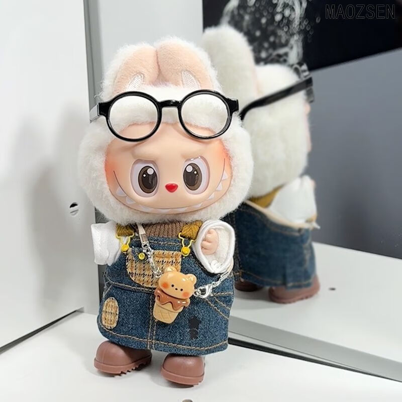 拉布布娃衣一二三代搪胶盲盒挂件衣服17cm马卡龙labubu牛仔背带裙