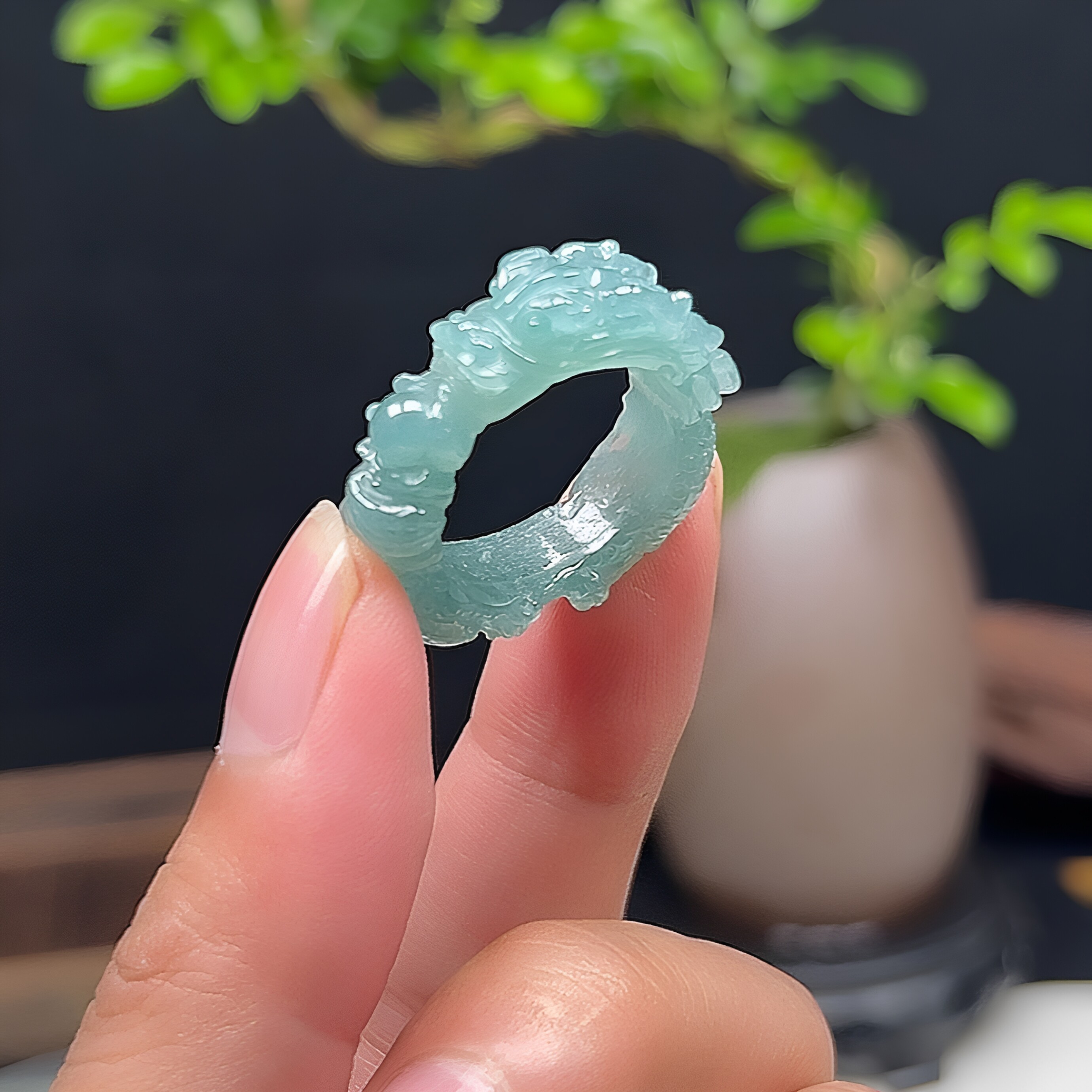 23-24号20.3mm精雕龙戒正品A货翡翠玉戒指老坑冰透蓝水玉石扳指