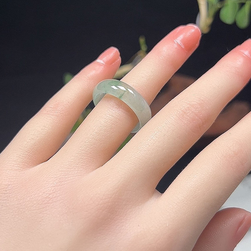 20号19.1mm天然缅甸A货翡翠玉戒指老坑冰种飘绿花戒圈水润指环