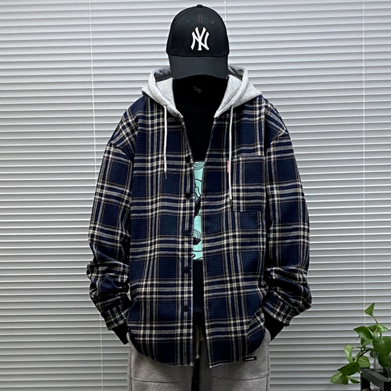 格子纹长袖连帽衬衫男春秋大码宽松青少年学生休闲带帽寸衣外套潮