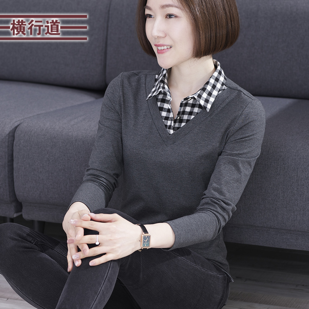 格子衬衫领拼接修身风体恤假两件