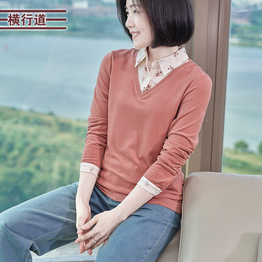 横行道假两件长袖上衣打底衫