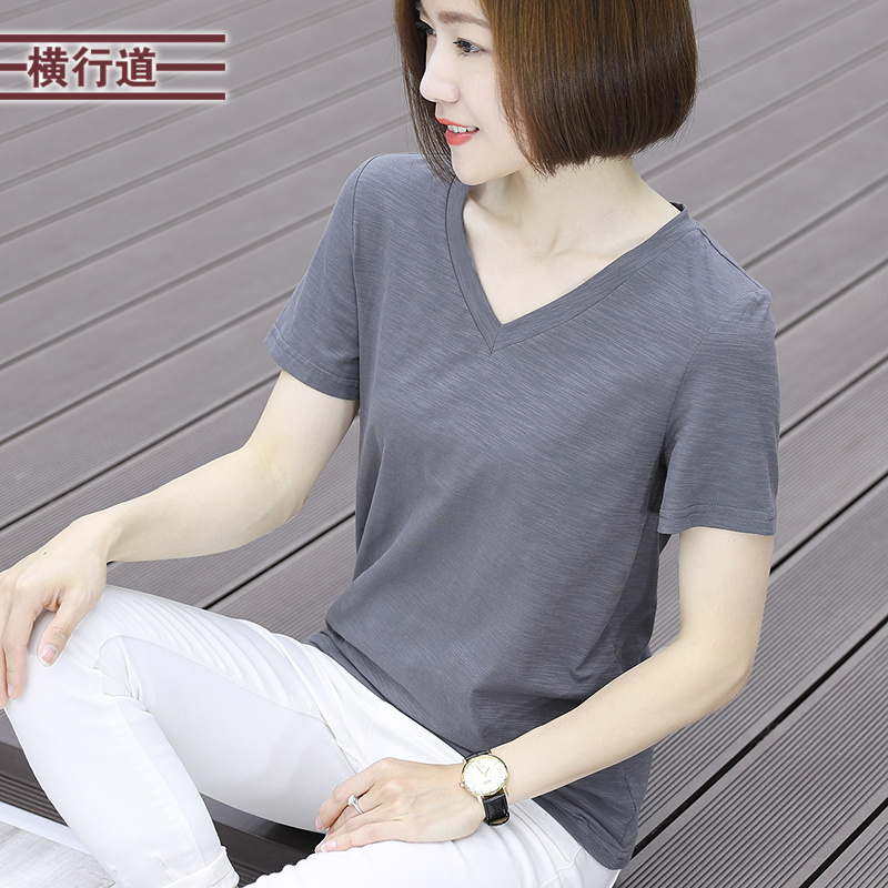 夏装新款女士短袖t恤打底衫宽松2025v领休闲白色半袖黑色上衣服