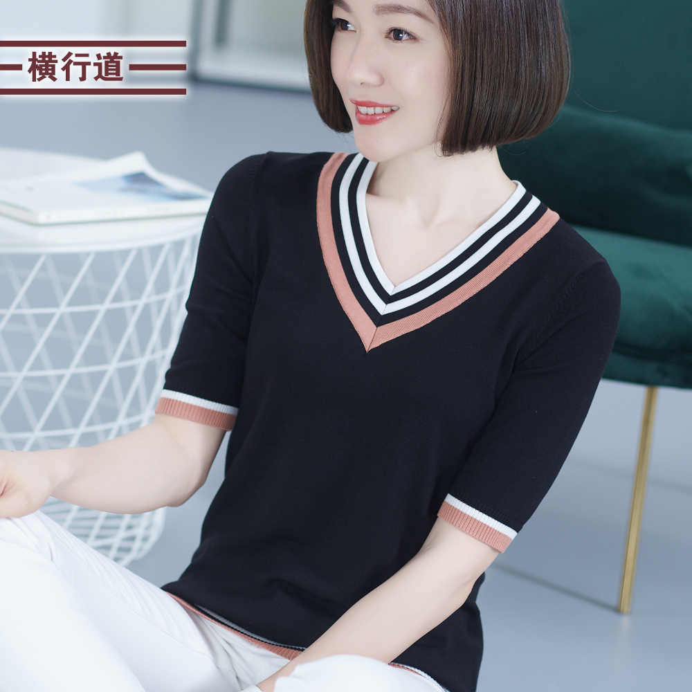 2025夏装新款黑色v领短袖女士休闲中年妈妈款针织衫上衣半袖女装