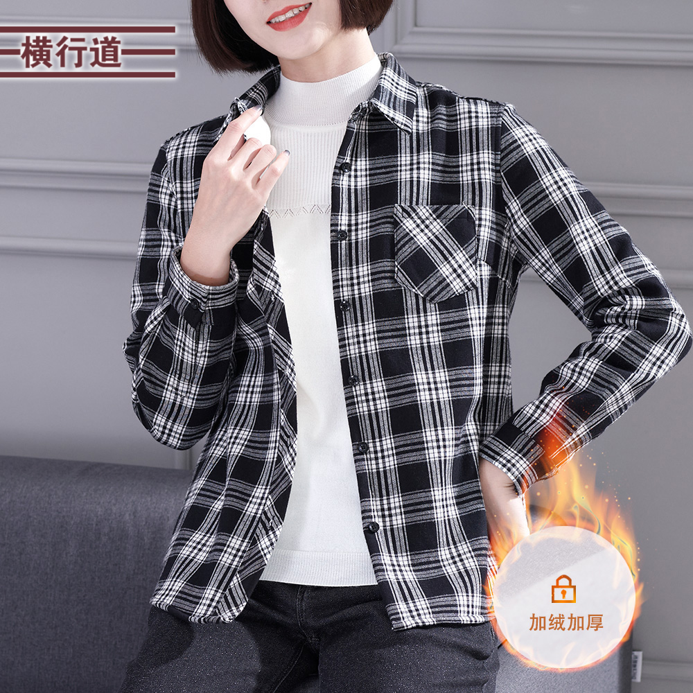 纯棉百搭口袋长袖黑白格子衬衣