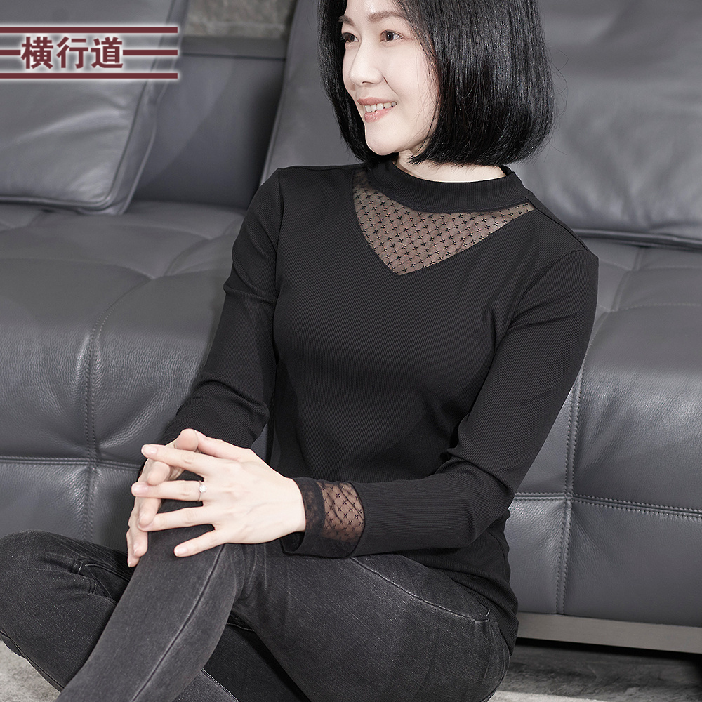 横行道半高领漏空蕾丝长袖