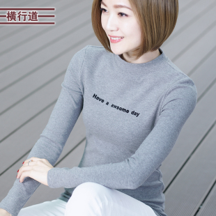 字母体恤纯色上衣 2025春季 半高领打底衫 胖MM中年妈妈长袖 t恤女装