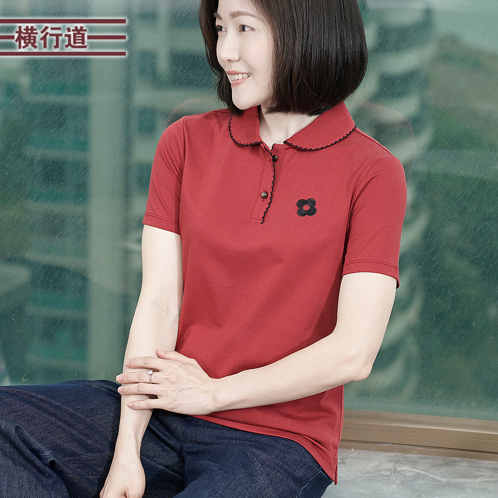 横行道翻领绣花短袖女上衣