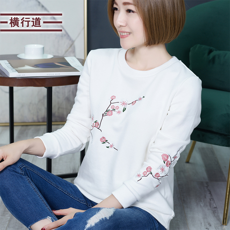 冬装纯色刺绣无帽卫衣女士中年上衣宽松加厚长袖妈妈款圆领打底衫