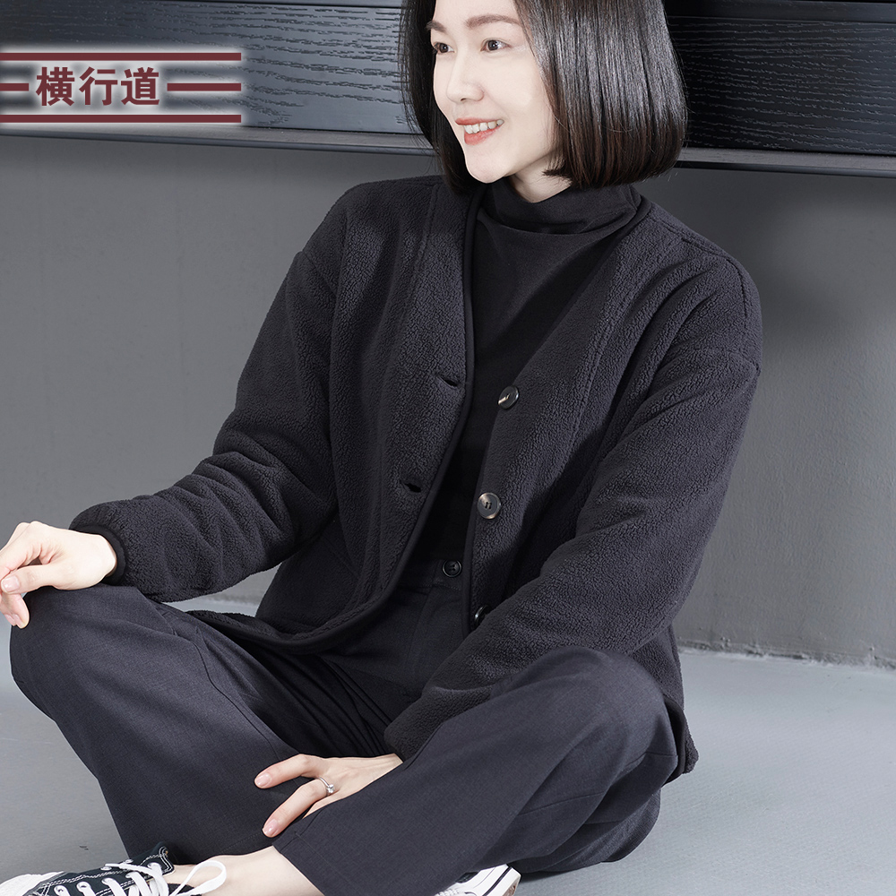 简约V领双面摇粒绒长袖外套女