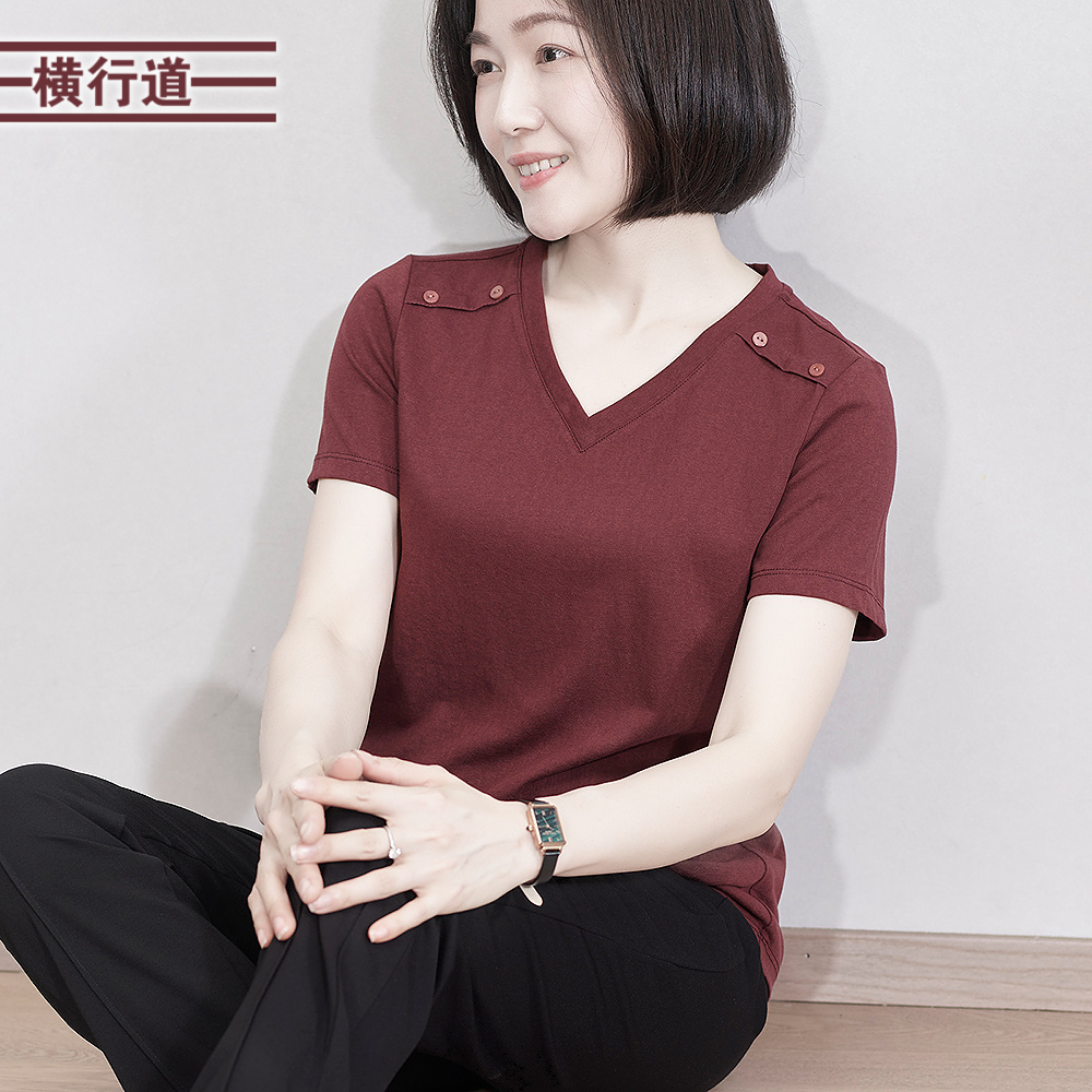 纯色V领短袖T恤上衣打底衫